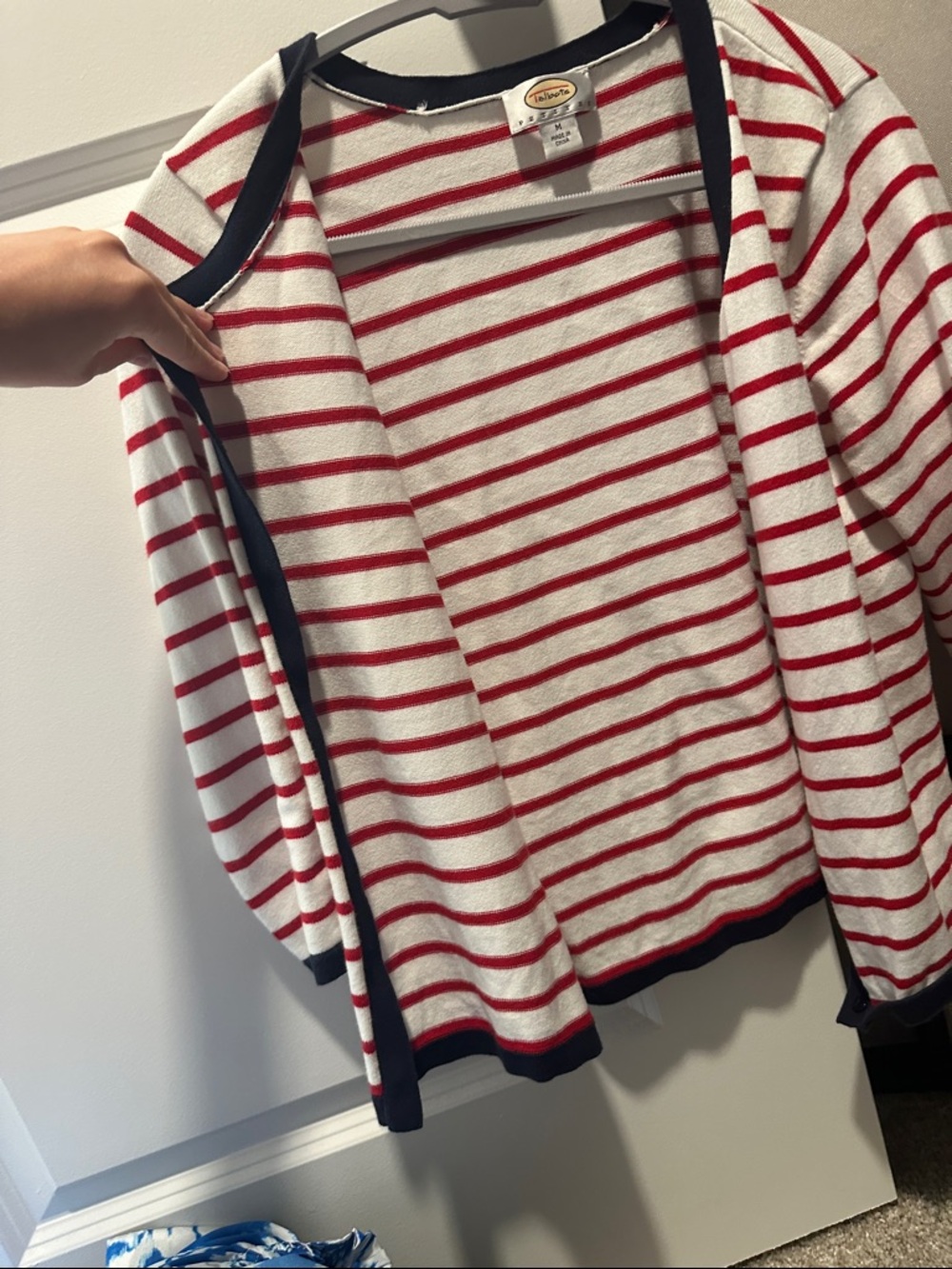 Talbots Red and White Striped Open-Front Cardigan with Navy Trim - Picture 2 of 3